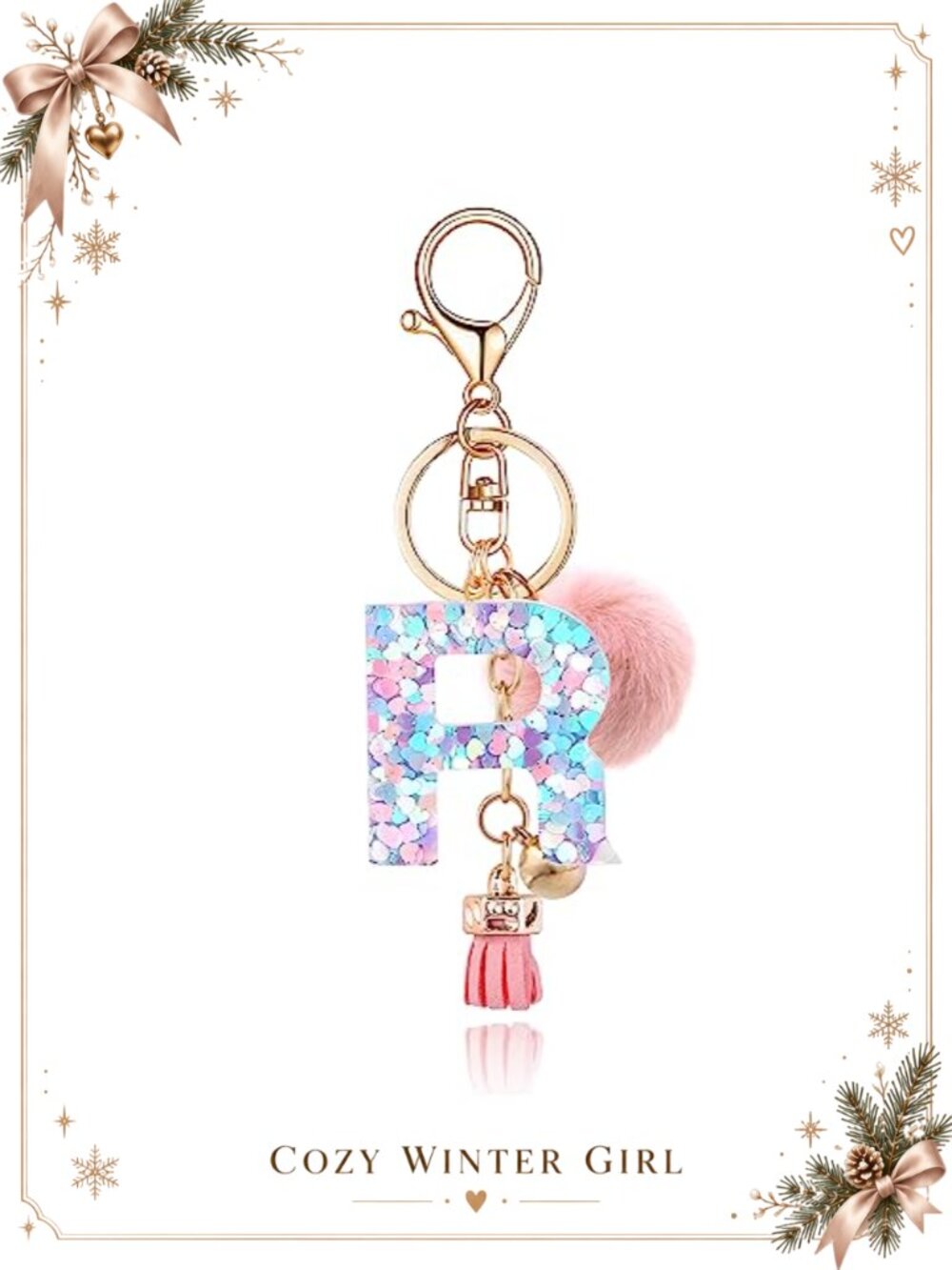 Resin Initial Letter Keychain Pom Faux Rabbit Fur Ball Key Ring Purse Charm